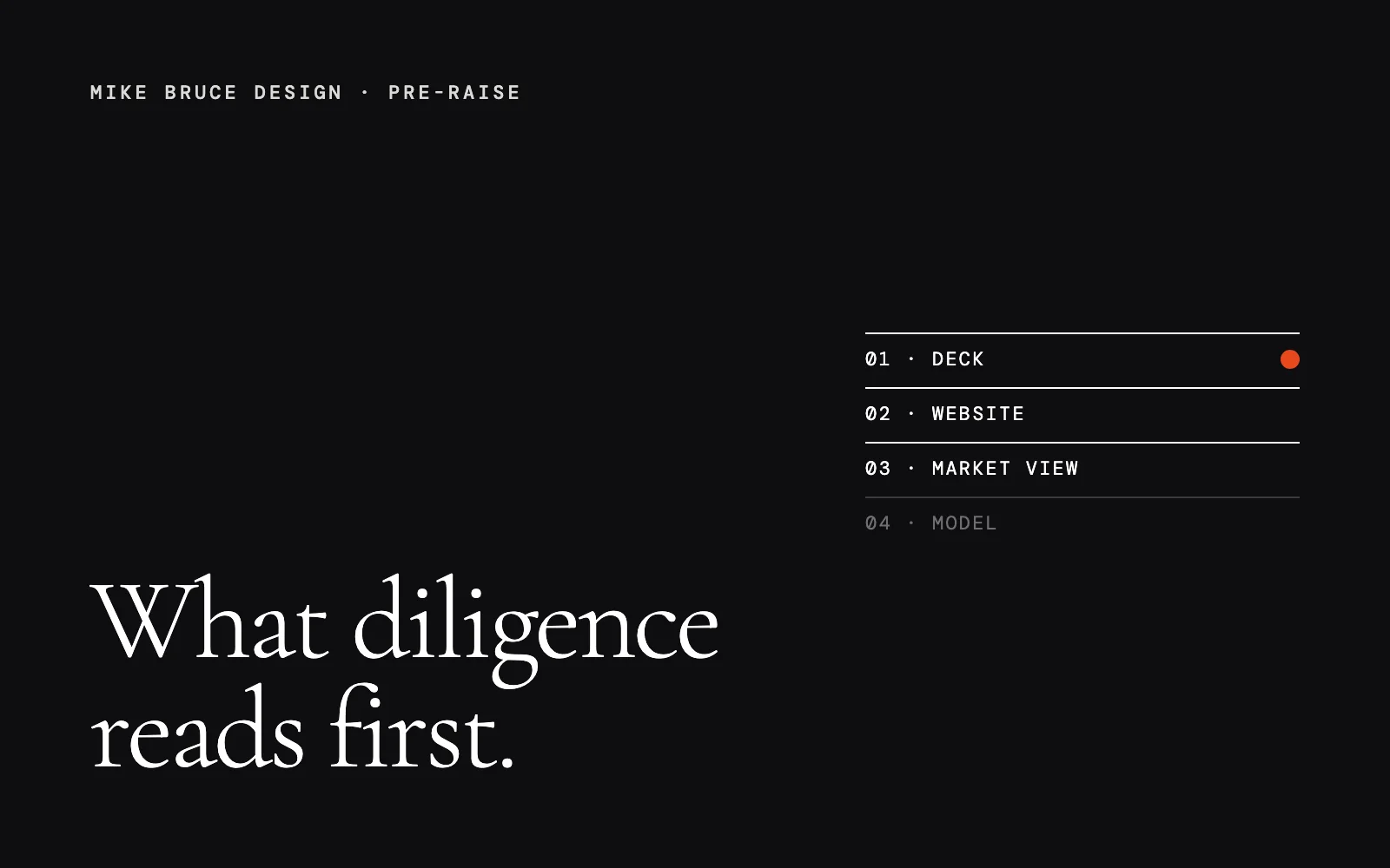A list reading deck, website, market view and model, with the model last