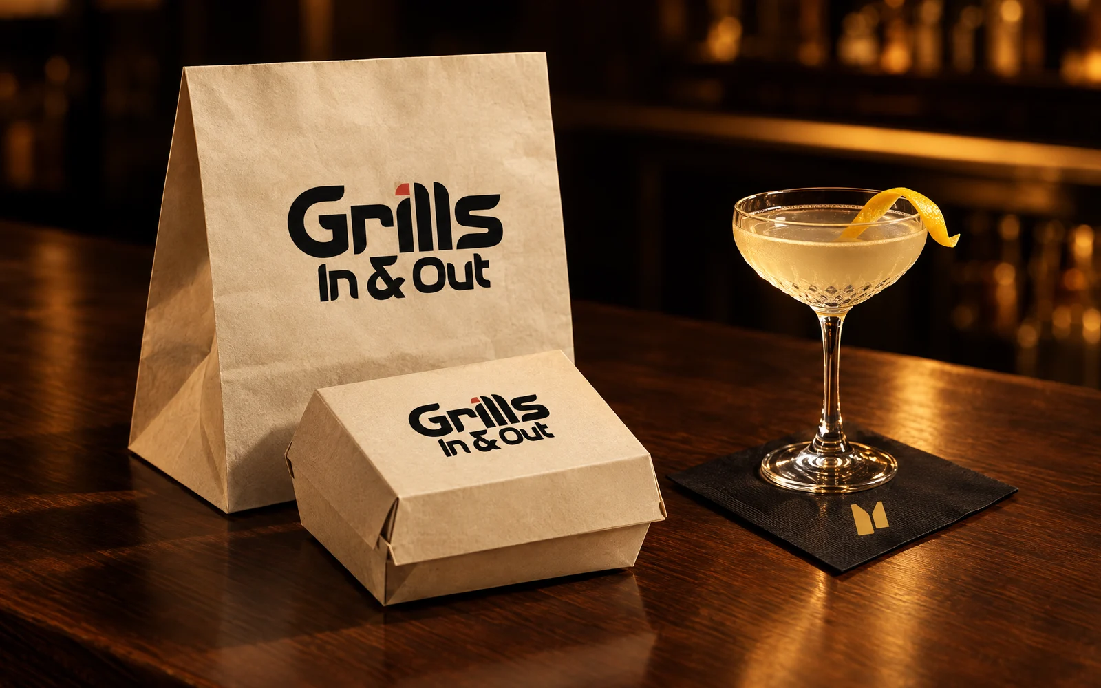 Grills In & Out and Cocktails In & Out brand identity by Mike Bruce Design: takeaway packaging beside a cocktail