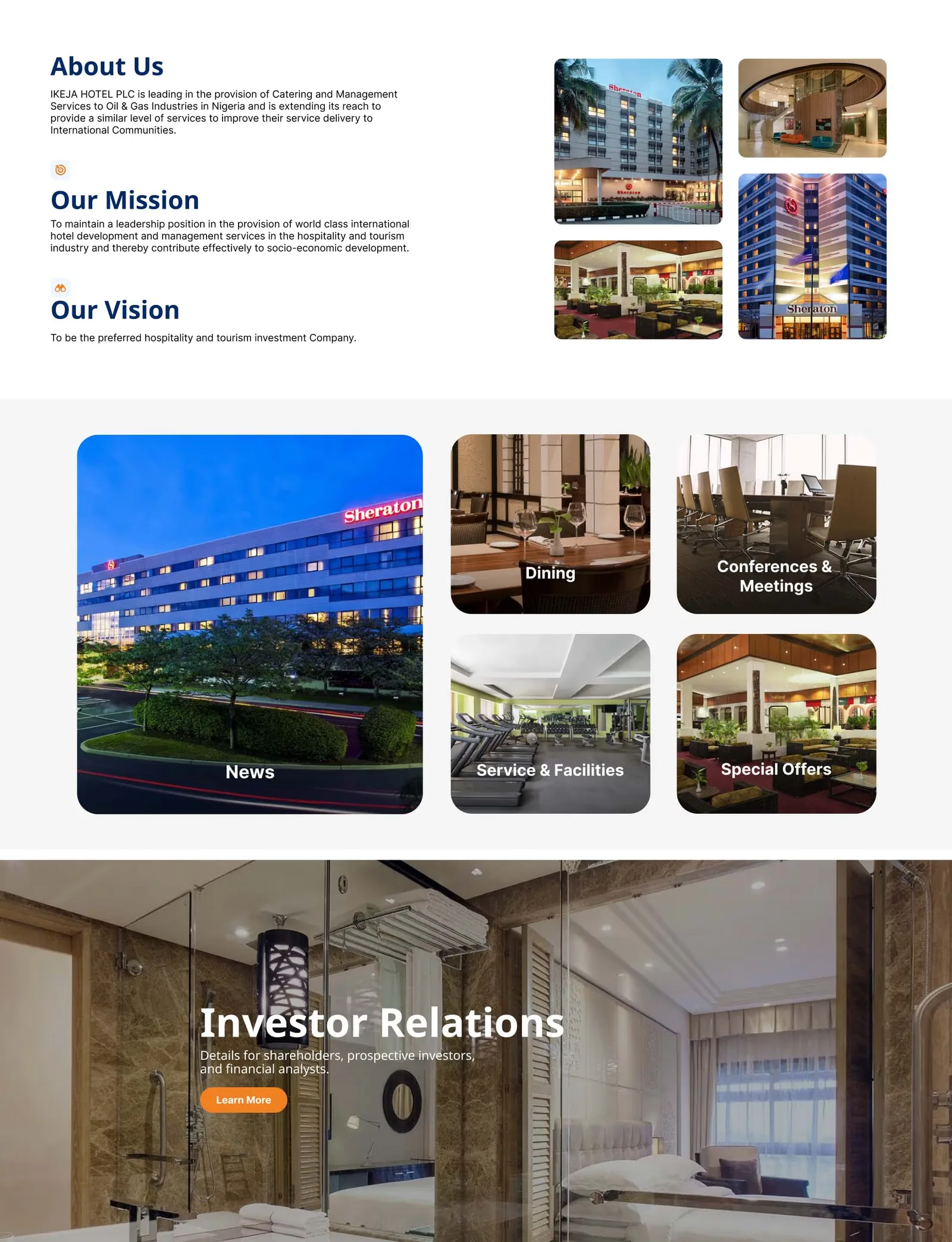 Ikeja Hotels about page with mission, vision and investor relations