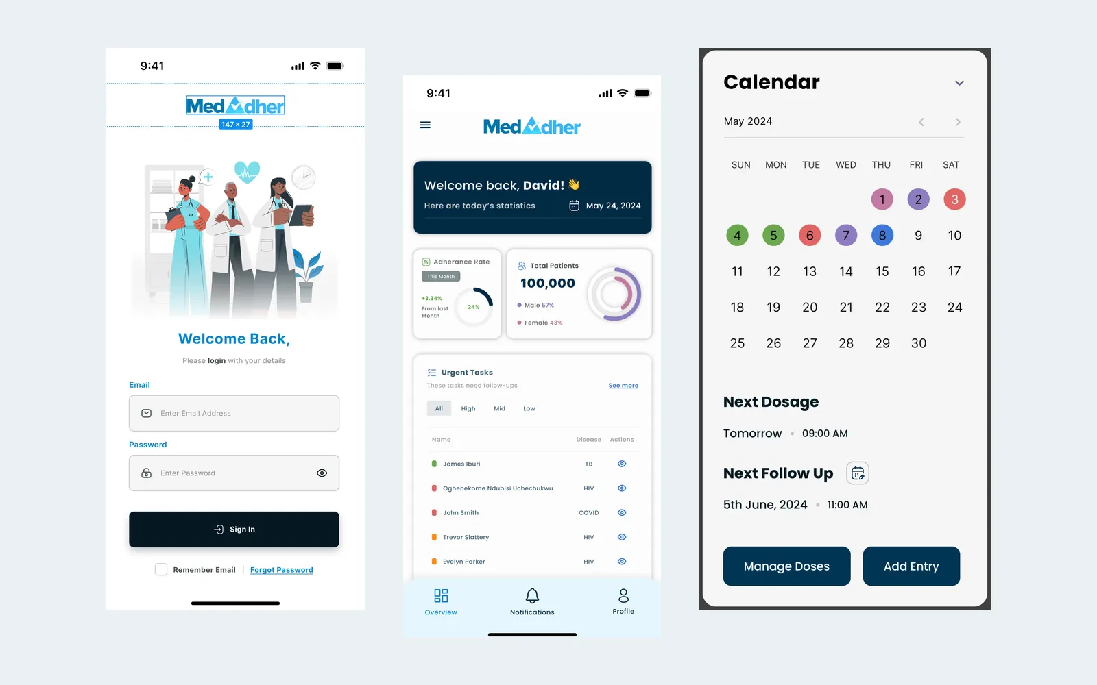 Three MedAdher app screens: welcome, dashboard and calendar