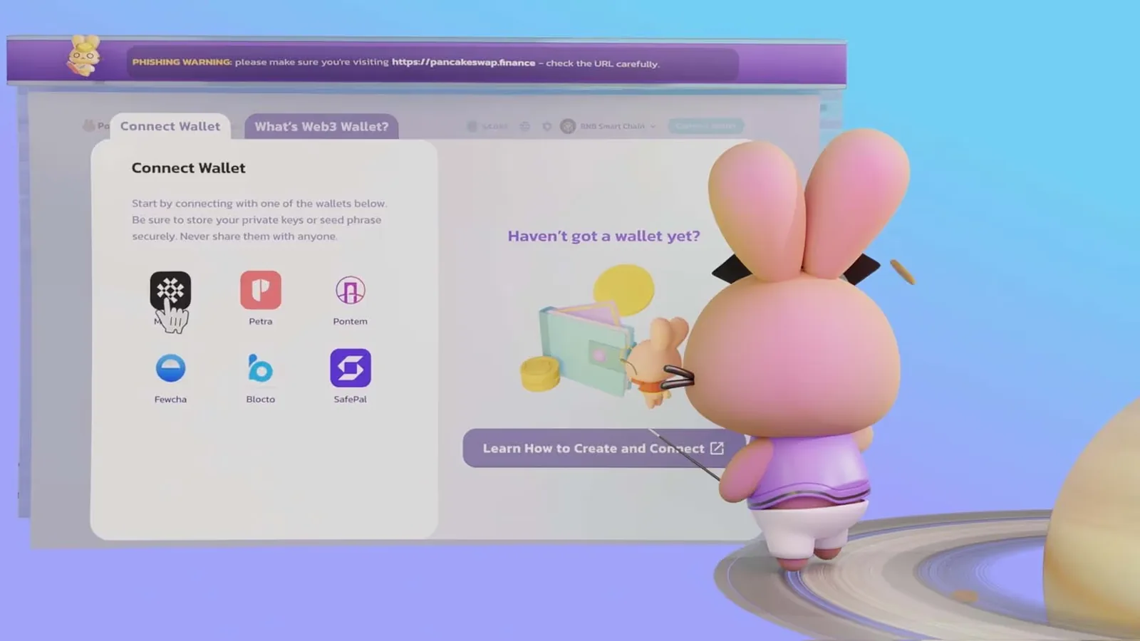 Mascot connecting a wallet in the PancakeSwap explainer