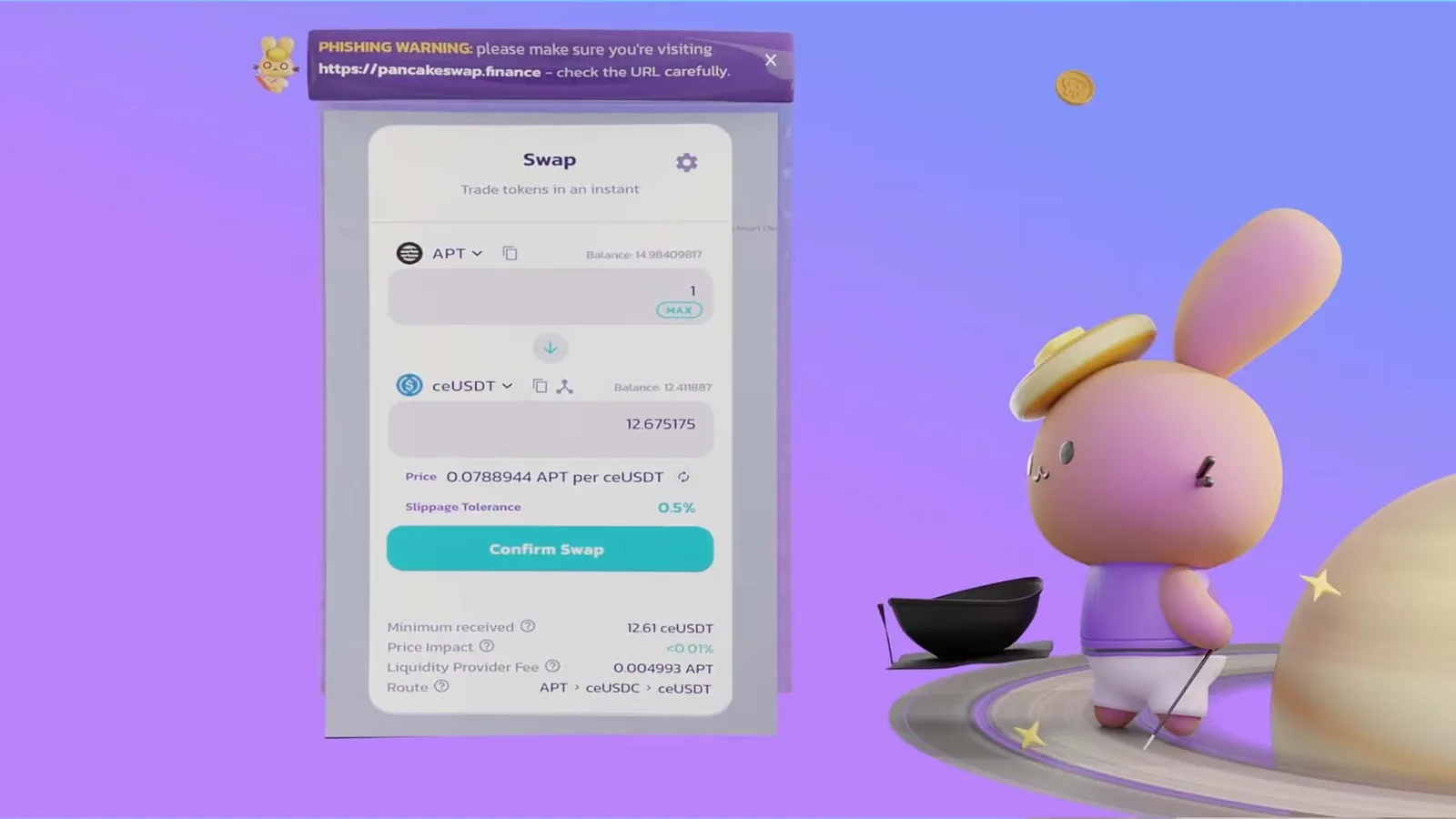 Mascot reviewing a swap in the PancakeSwap explainer