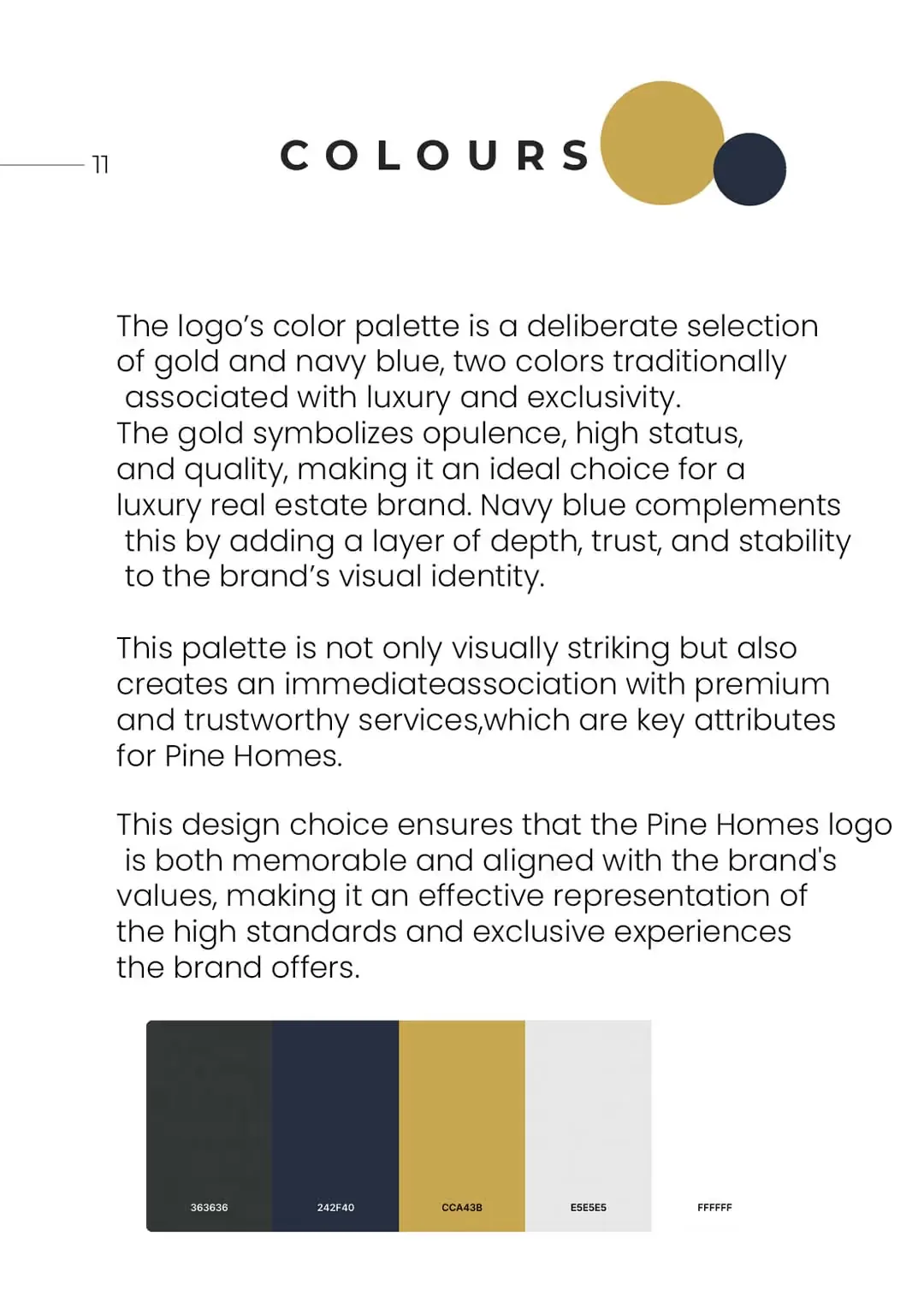 Brand book page: the Pine Homes colour palette