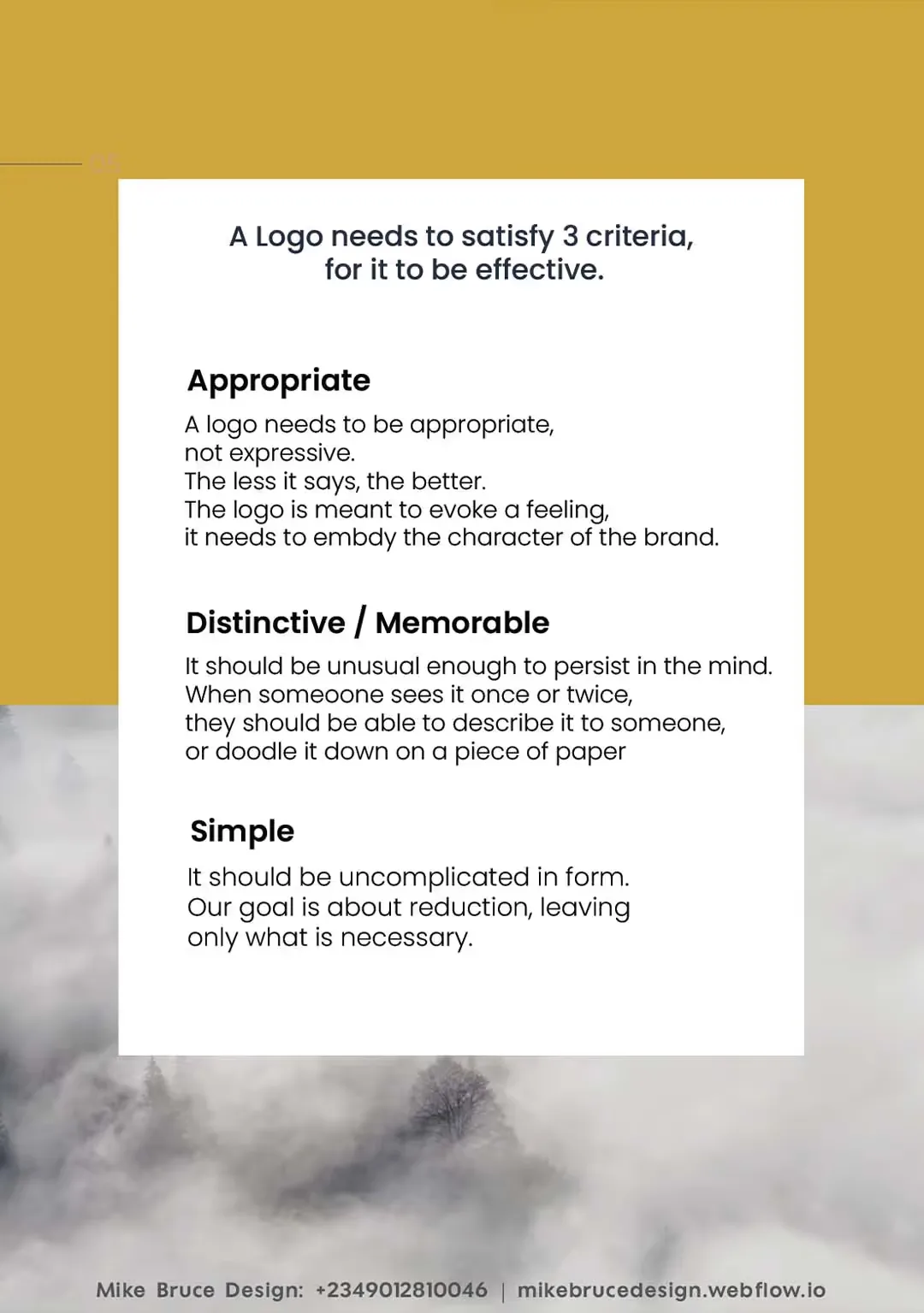 Brand book page: the three criteria of an effective logo