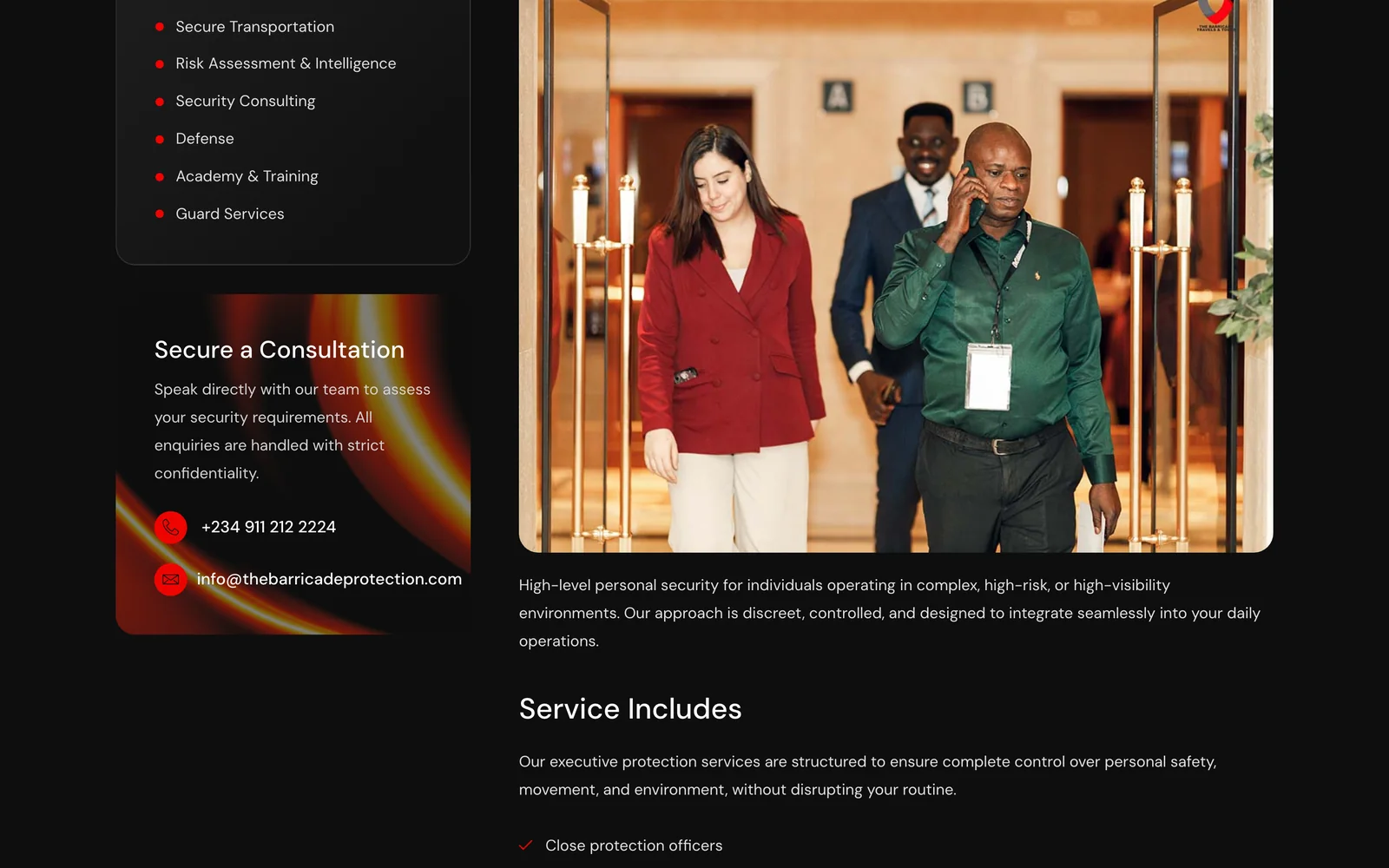 A Barricade service page with the service menu, a confidential consultation panel and a detailed description of executive protection