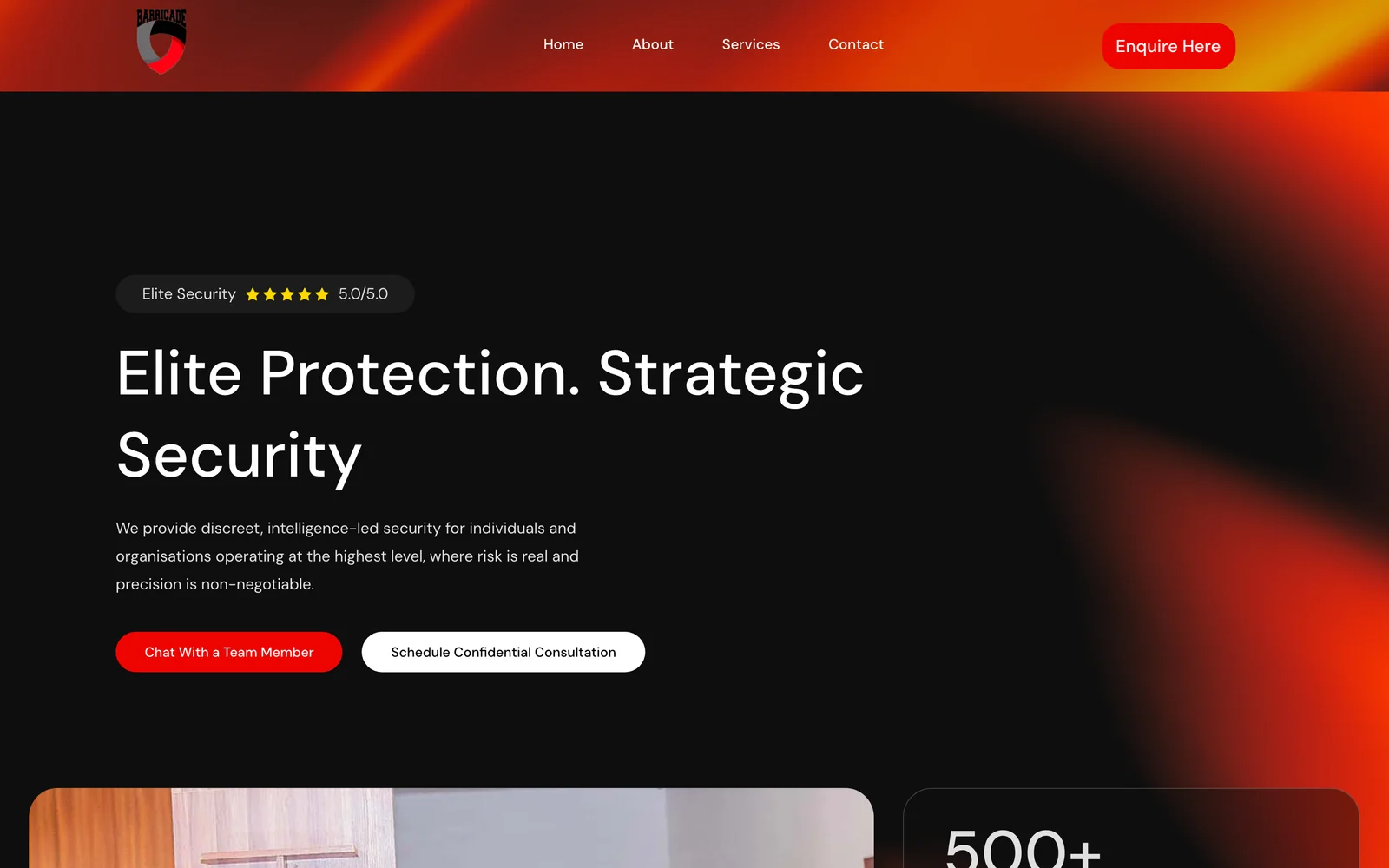 The Barricade homepage on desktop: Elite Protection. Strategic Security, with two calls to action, chat with a team member and schedule a confidential consultation