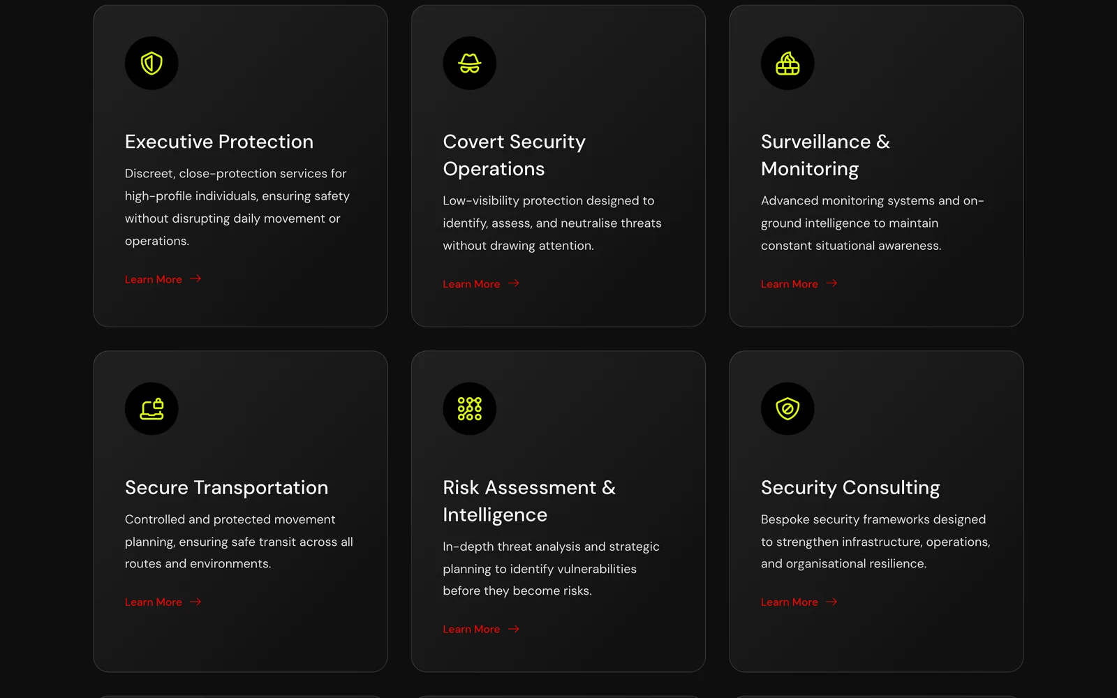 The Barricade services grid: executive protection, covert security operations, surveillance and monitoring, secure transportation, risk assessment and intelligence, and security consulting