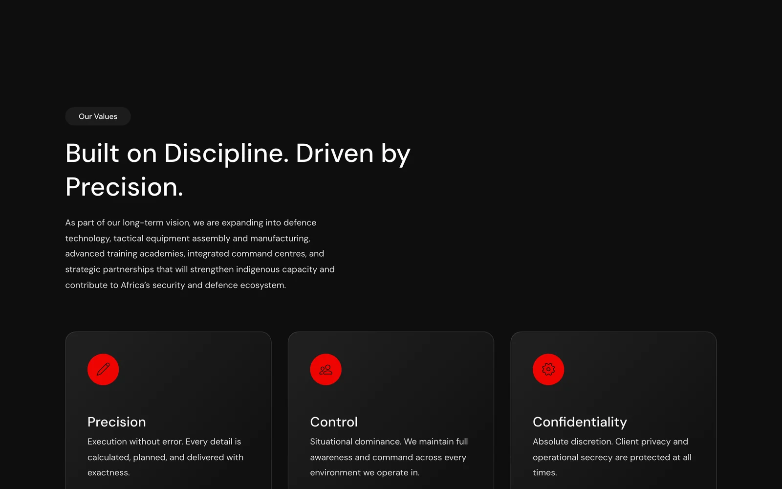 The Barricade values section: Built on Discipline, Driven by Precision, with precision, control and confidentiality
