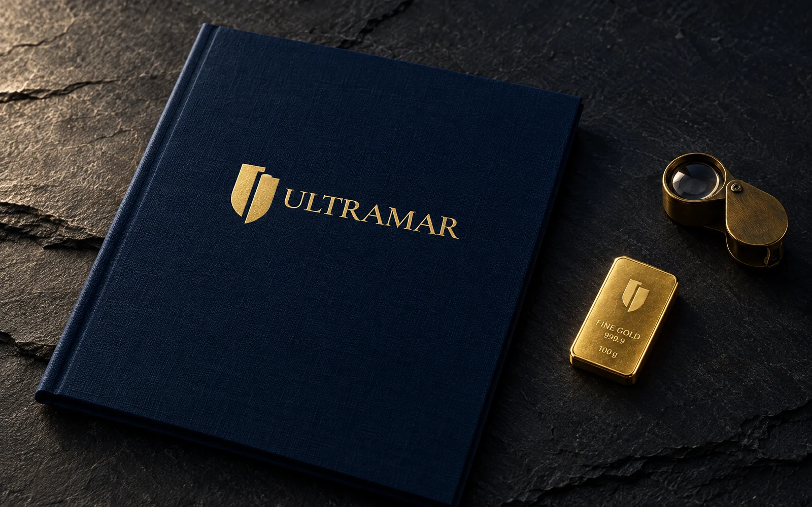 Ultramar brand identity by Mike Bruce Design: navy certificate folder with the gold shield mark beside a gold bar